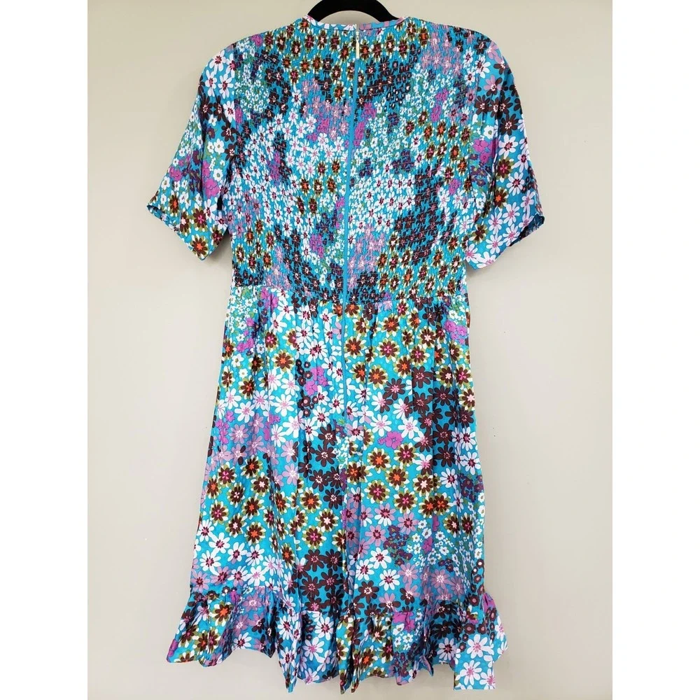 NEVER WORN Kate Spade Pacific Petals Floral Dress SZ 0 Jacquard Silk Blue Ruffle - Picture 5 of 6